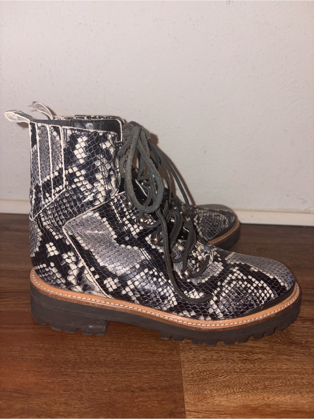 Marc Fisher Snake-Print Lace-Up Ankle Boots in Black and Gray